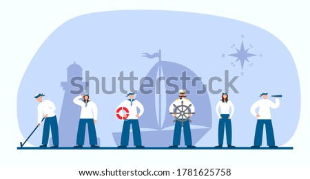 Set of sailors and captain. Collection of flat seaman in uniform. Ship crew. Vector  Royalty-Free Stock Photo #1781625758