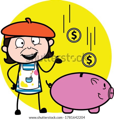 Cartoon Artist saving money in piggy bank