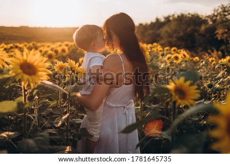 Young beautiful mother and her little cute son walk in a field with sunflowers, have fun, run and have fun together