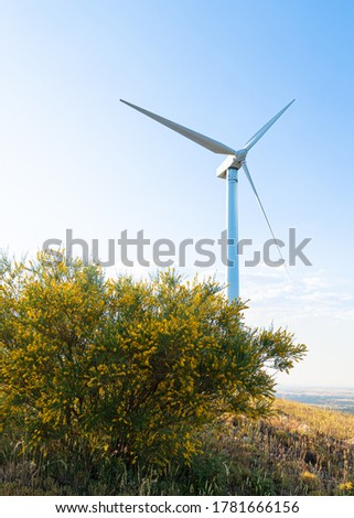 turnina wind in the foreground with green countryside and bluish sky

