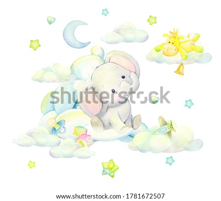 Cute elephant sleeping in the clouds, against the background of the moon, butterflies, stars, in cartoon style. Watercolor clip art on an isolated background.