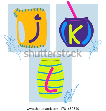 Letters j, k, l on cups in cartoon quirky style. Hand drawn Alphabet cards for education, design elements, banners, coffee shop, food court. Kids abc isolated vector illustration
