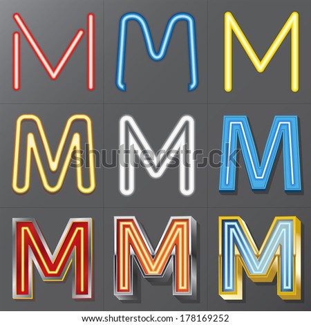 Set of Neon Style Alphabet M, Eps 10 Vector, Editable for Any Background, No Clipping Masks