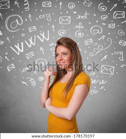 Pretty young girl with abstract white media icon doodles on gradient background