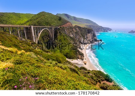 California Bixby bridge in Big Sur in Monterey County along State Route 1 US Royalty-Free Stock Photo #178170842