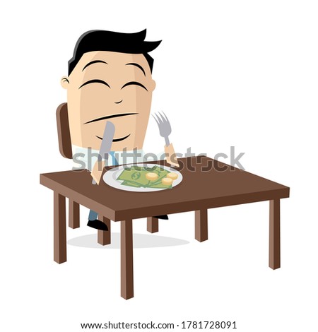funny cartoon illustration of a rich asian businessman who has to eat his money
