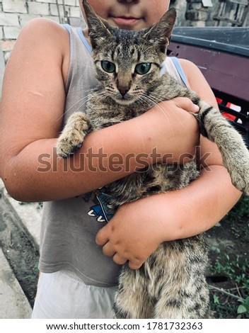 child with a cat in her arms