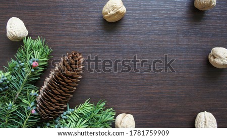 Pine cones, pine leaves and nuts on a dark brown background. Concept of autumn season.