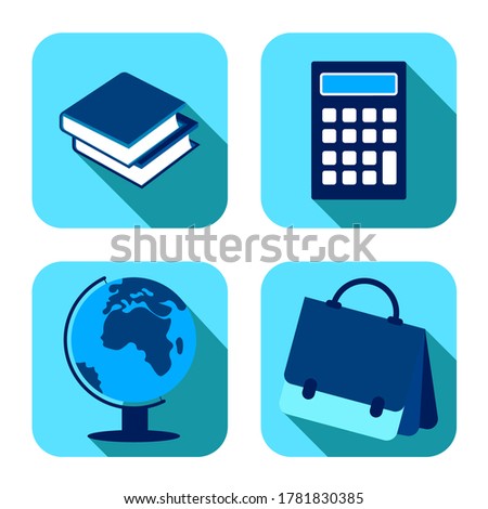 School items. Backpack, globe, calculator, books. September 1, beginning of school year. Set of square vector icons on white background