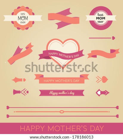 A set of cute design elements for Mother's Day. Vector illustration