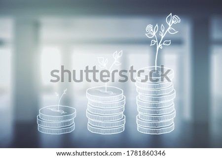 Virtual cash savings illustration on empty corporate office background. Retirement savings and capital increase concept. Multiexposure