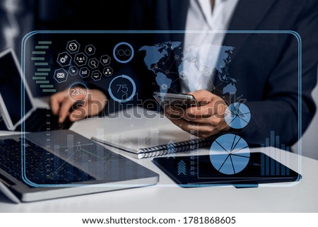 Double exposure of businessman and business financial virtual chart, Digital marketing concept, Blurred background.