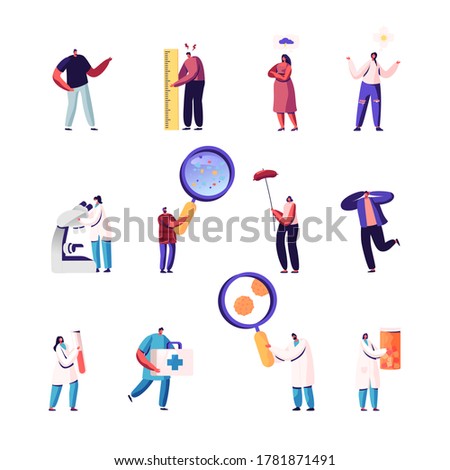 Set of Icons Tiny Male and Female Characters Optimist and Pessimist, Man with Huge Ruler, Scientist Look in Microscope, Doctor with Toolbox, Pills and Glass Flask. Cartoon People Vector Illustration