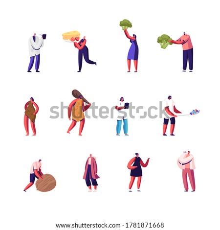 Set of Male and Female Characters Patients and Doctors, Paleo Diet Nutrition. Tiny People with Huge Food Products Broccoli, Cheese, Strawberry and Nut, Drinking Water. Cartoon Vector Illustration