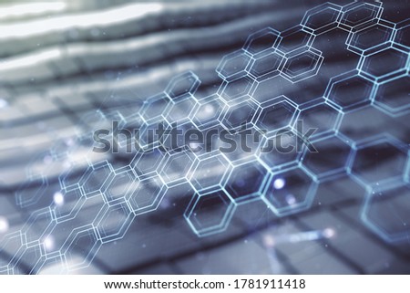 Abstract virtual wireless technology hologram with hexagon on blurry abstract metal background. Big data and database concept. Multiexposure