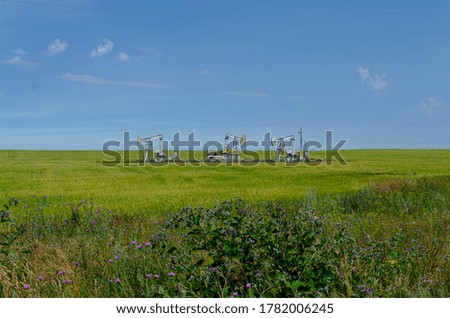 Rocking chair for oil production in a green field on a sunny day against a blue sky background.Extracts oil.