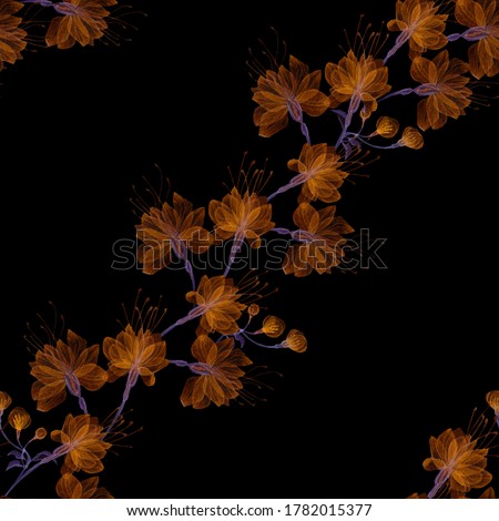 Seamless transparent rose flowers and Apple blossoms on a black background, x-ray flowers, blue Sakura flowers, chalk on Board, stems and leaves, flower ornament for Wallpaper and on fabrics.
