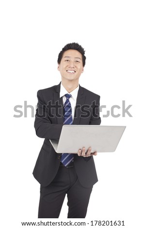 	Asian Businessman Holding Laptop Computer	