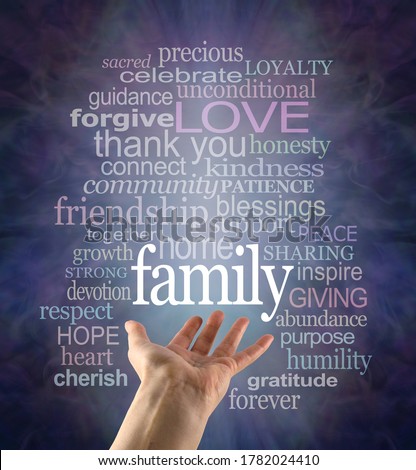 Family Matters Word Tag Cloud - female open palm hand with the word FAMILY floating above surrounded by a relevant word cloud against a dark blue background
                                Royalty-Free Stock Photo #1782024410