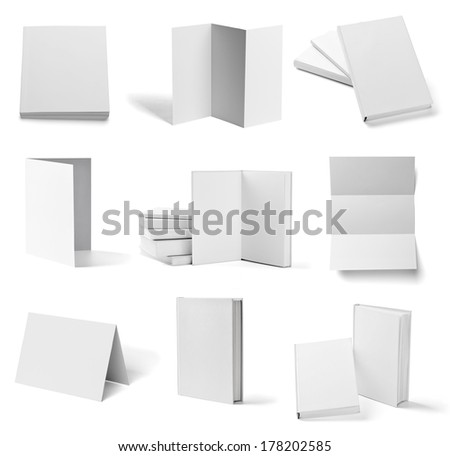 collection of various  blank white paper and book on white background. each one is shot separately