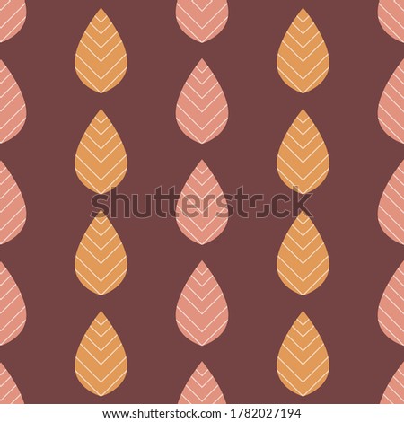 Decorative yellow and pink leaves on red-brown background. Seamless natural pattern. Suitable for textile, packaging.