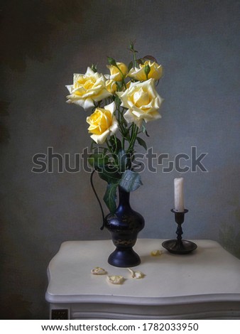 Still life with yellow roses and candle	