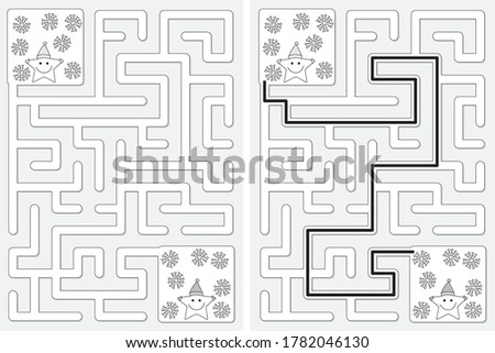 Easy little stars in the snow maze for kids with a solution in black and white