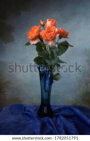 Still life with bouquet of roses in vase