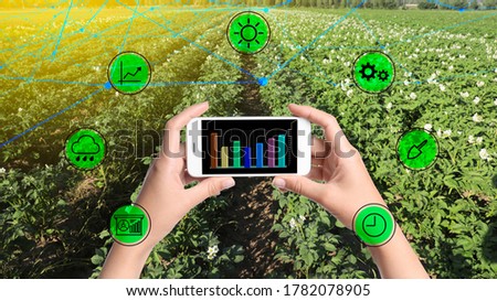 Modern agriculture. Woman with smartphone in field and icons, closeup