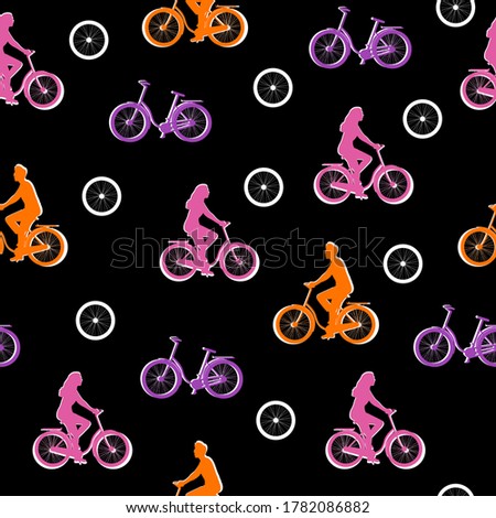 Seamless pattern with cyclists on a black background. For the design of textiles, printing products, wallpaper, clothing, wrapping paper and more