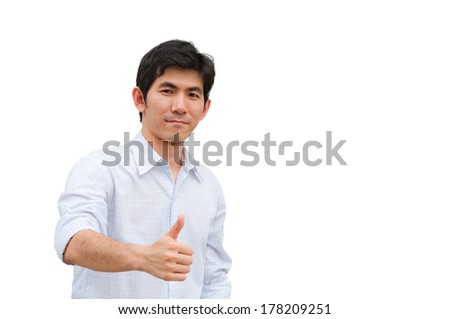 An asian man point his hand as present product as isolated picture