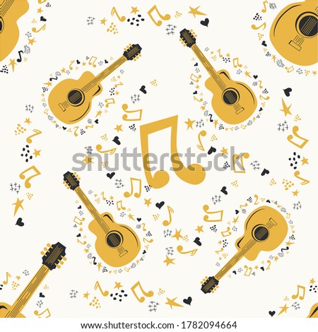 Hand-drawn musical seamless pattern with country guitar, stars, notes, symbols, objects and elements