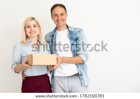 woman and man carry boxes. Start up small business entrepreneur SME or freelance asian woman and man working with box, SME online marketing packaging box and delivery, SME concept