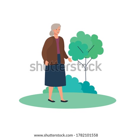 Grandmother at park with tree design, Old woman female person mother grandparents family senior and people theme Vector illustration