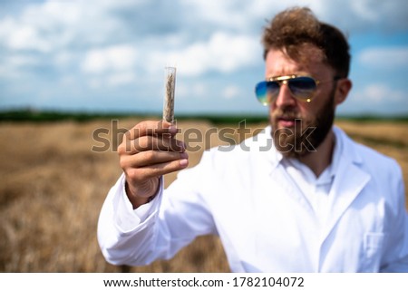 An agronomist with a beard and sunglasses holds a test tube with wheat