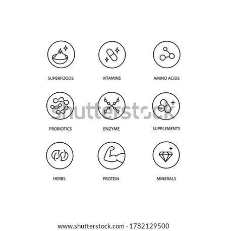 Stickers and badge for healthy products, organic and bio products. Superfoods, vitamins, amino acid, probiotics, enzyme, supplements, herbs, protein, minerals. Royalty-Free Stock Photo #1782129500
