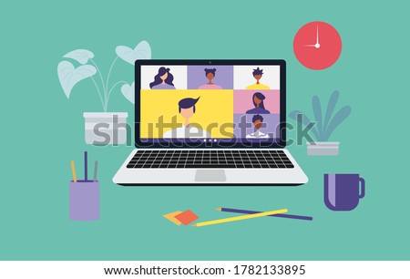 Work from home and work from anywhere concept, people connecting together, video conference remote working on laptop computer, learning or meeting online with teleconference, flat vector illustration