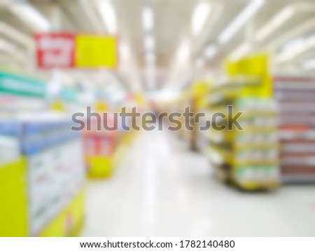 Blurred bokeh products on the shelves of malls or shopping centers with copy space for text.