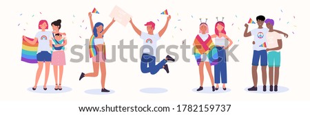 LGBT couple people vector illustration. Cartoon flat happy homosexual family with child, gay and lesbian lover characters in romantic love relationship celebrating LGBT pride month isolated on white Royalty-Free Stock Photo #1782159737