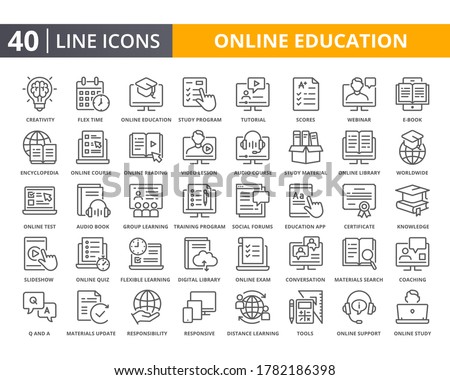 Online education vector lines icon set. Related of E-learning and digital learning. Thin line quality icons for web element Royalty-Free Stock Photo #1782186398