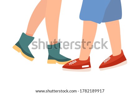 Couple of European people Legs stand or walking in autumn shoes boots and sneakers. Men and women feet with colorful clothes and footwear. Flat colorful illustration isolated on white background.