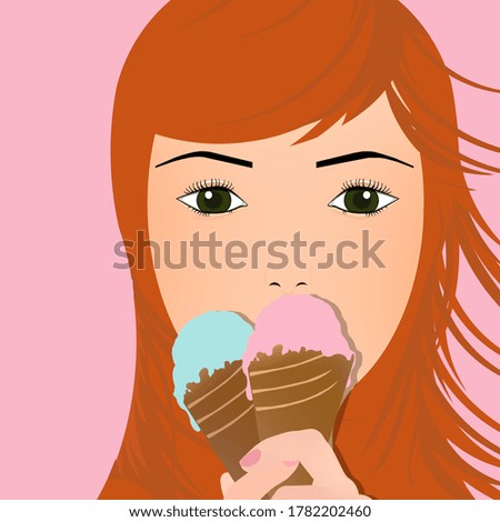 
girl with an ice cream cone, portrait of red-haired child, colorful illustration