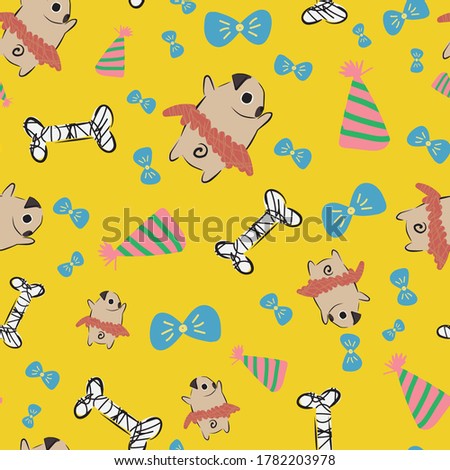 Pug Dog Hat Bone Bow Tie Tutu seamless pattern. Great for gift wrapping, wallpaper, textile and scrapbook 