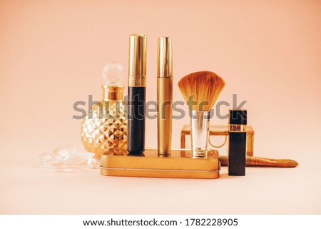 Makeup brush and cosmetics. Beauty photo. 