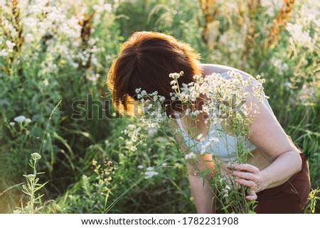 Middle aged mature red haired woman picking wild daisy flowers in field. Elderly female in a meadow and pick flower bouquet on summer day. Spending time outdoors in spring.
 Royalty-Free Stock Photo #1782231908
