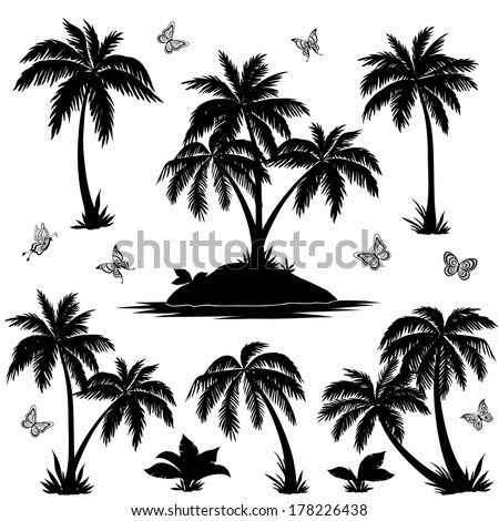 Tropical set: sea island with plants, palm trees, flowers and butterflies, black silhouettes isolated on white background. Vector