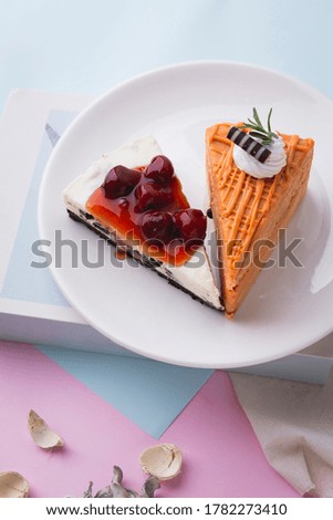 The creamy tea layer cake and The slice of red berry juicy cheesecake