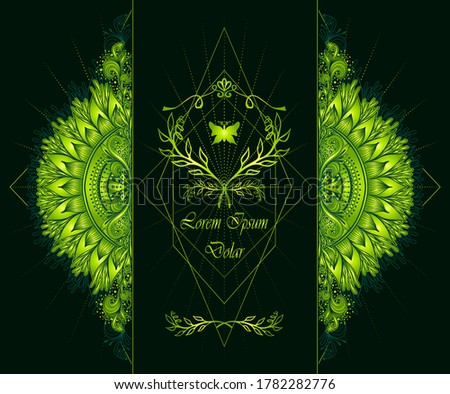 Template of deign  of Abstract decorative element in Boho Eastern  Ethnic style  or  Mandala  in green for advertising  cosmetic or perfume or  hygiene products or tea