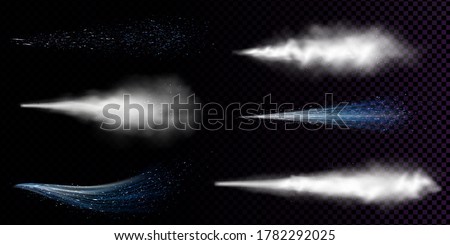 White dust spray isolated on transparent background. Vector realistic set of curve smoke or powder with particles flows from aerosol, blue stream of spraying cosmetic, fragrance or deodorant