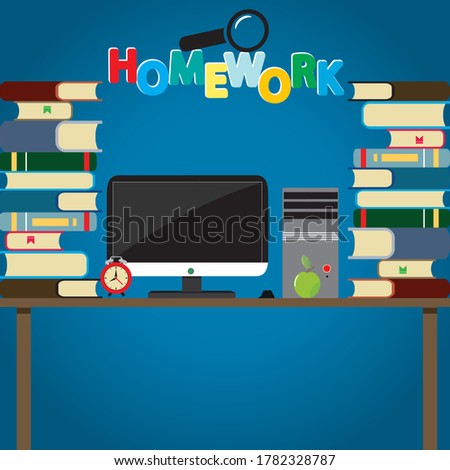 Homework and learning concept. Vector illustration of sudents using laptop for distance studying and education. 